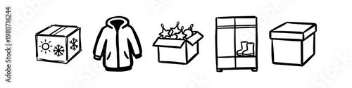 Hand-drawn icons illustrating seasonal storage and home organization, featuring boxes, a winter jacket, Christmas ornaments, and a wardrobe. Ideal for decluttering and moving themes.