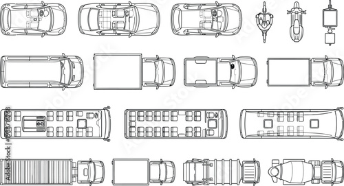 Top view vehicles vector set for floor plans and city maps. Thin line transport icons of cars, trucks, buses, ambulance and taxi for urban planning, traffic layouts and CAD design