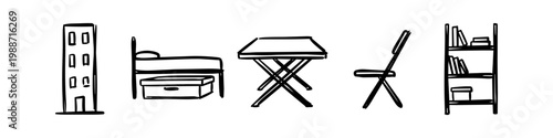 Minimalist hand-drawn sketches of an apartment building, bed, folding table, chair, and bookshelf. Set of black ink doodles representing home furniture and urban living concepts.