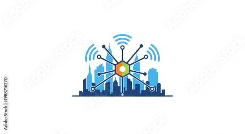 Cityscape with wireless network connections.