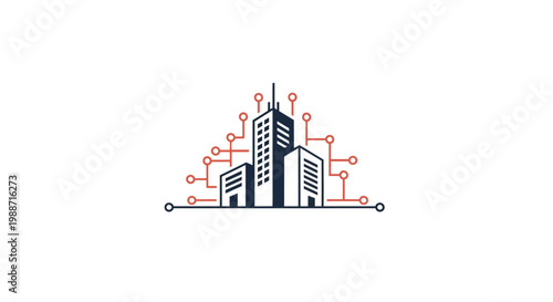 Cityscape with modern buildings and network connections.