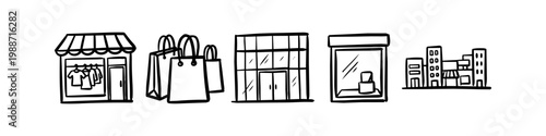 Hand-drawn doodle set of shopping and city icons featuring a boutique, shopping bags, mall building, window display, and urban skyline. Minimalist black and white line art vector.