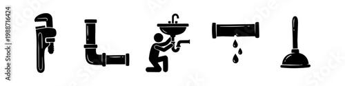 Black plumbing icon set featuring a pipe wrench, pipes, a plumber repairing a sink, a leaking pipe, and a plunger, isolated on a white background.