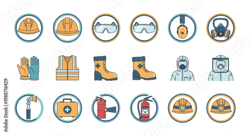 Construction worker safety equipment icons.