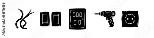 Collection of hand-drawn electrical equipment icons, including wires, switches, a breaker panel, a power drill, and a wall socket. Black silhouettes on a clean white background.
