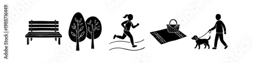 Collection of black park silhouettes featuring a bench, trees, a woman jogging, a picnic set, and a person walking a dog. Perfect for outdoor activity and leisure concepts.