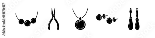 A collection of black jewelry making and repair tool icons, including necklaces, earrings, pliers, and carving tools, isolated on a white background for design projects.