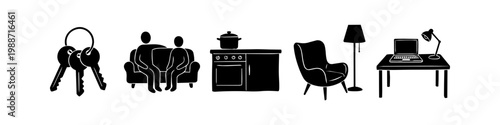 Set of black and white icons representing home and domestic life, featuring house keys, a family on a sofa, kitchen appliances, and home office furniture.
