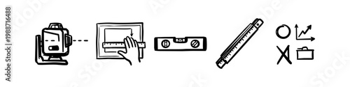 Set of hand-drawn construction and measurement icons including a laser level, blueprint drafting, spirit level, and ruler. Ideal for architecture, building, and project management themes.