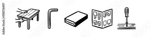 Set of DIY furniture assembly icons featuring tools, instructions, and flat-pack packaging. Hand-drawn line art style perfect for home improvement and manual guides.