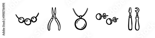 Hand-drawn jewelry making icons featuring beads, pliers, pendant necklace, earrings, and tools. Minimalist black and white line art illustrations for DIY craft and jewelry design projects.