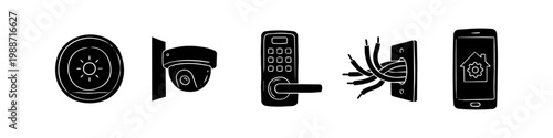 Set of five hand-drawn black smart home technology icons featuring a security camera, digital door lock, thermostat, electrical wiring, and a mobile app interface for remote automation.