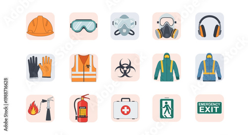 Safety equipment icons on white background.