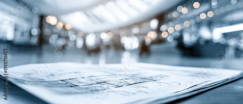 Blueprint detail indoor setting with overhead lighting and blurred background copy space