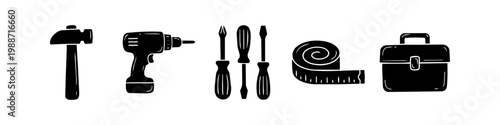 Set of hand-drawn black tool icons including a hammer, drill, screwdrivers, measuring tape, and toolbox on a white background. Perfect for DIY, construction, and home repair projects.