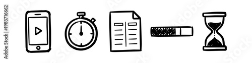 Set of hand-drawn black ink doodle icons for time management and productivity, featuring a smartphone, stopwatch, document, loading bar, and hourglass on a white background.