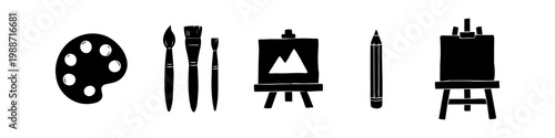 Set of hand-drawn art supply icons including a paint palette, brushes, easels, and a pencil. Perfect for creative projects, hobby themes, and studio illustrations.