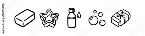 Hand-drawn icon set featuring handmade soap bars, essential oil bottle, bubbles, and star-shaped soap. Ideal for spa, wellness, and craft branding.