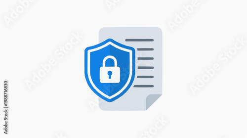 A blue shield with a white lock protects a document in a vector graphic illustration