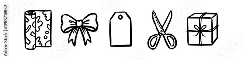 Set of hand-drawn gift wrapping icons featuring a paper roll, decorative bow, gift tag, scissors, and a wrapped present. Ideal for holiday, birthday, and DIY craft projects.