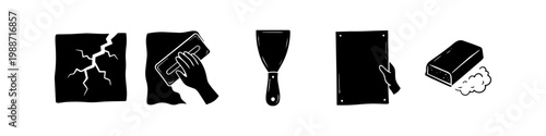 Hand-drawn icon set for wall repair and home maintenance, featuring crack repair, plastering, putty knife, drywall installation, and cleaning sponge. Simple black and white vector graphics.