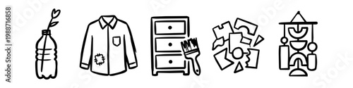 Hand-drawn doodle icons showing upcycling and sustainable living. Features a plastic bottle vase, mended shirt, refurbished dresser, scrap reuse, and creative DIY home decor hanging.