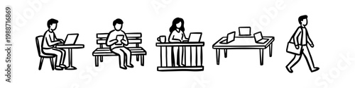 Minimalist hand-drawn doodle set of people working remotely, studying, and commuting. Simple black and white line art icons of digital nomads, office furniture, laptops, and outdoor workspaces.
