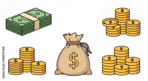 Illustration of a money bag stacks of coins and bundles of banknotes.