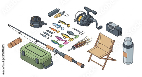 Illustration of fishing gear equipment set with rods reels lures and accessories.