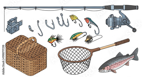 Illustration showing various fishing equipment and a fish ready for a fishing trip.