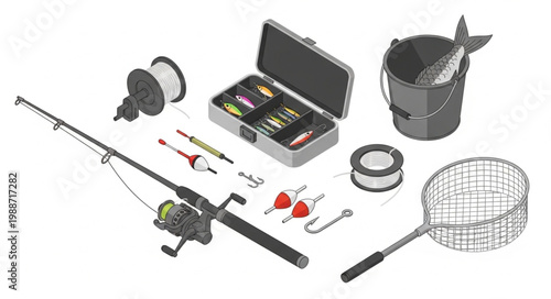 Isometric Fishing Equipment Set for Anglers and Fishermen.