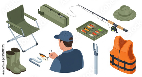 Isometric Fishing Equipment Collection for Outdoor Recreation and Angling.