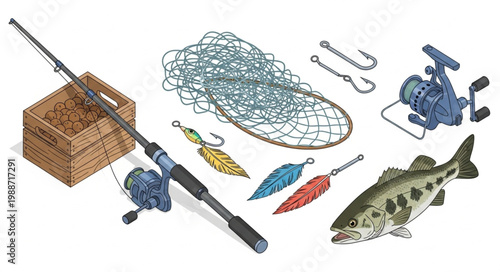 Isometric fishing equipment collection with rod reel lures net and fish.
