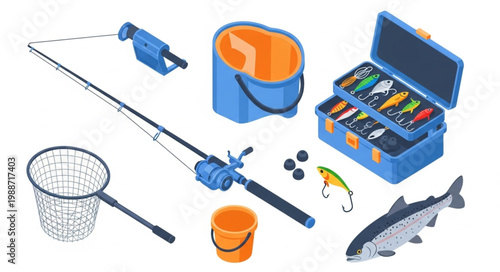 Isometric fishing gear equipment set with rod reel net bait bucket fish.