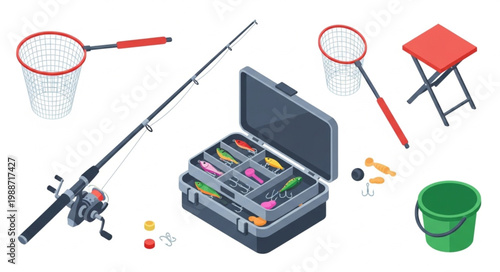Isometric Fishing Tackle Set with Rod Reel Lures and Accessories.