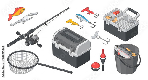 Isometric fishing tackle set with various equipment for angling hobby.