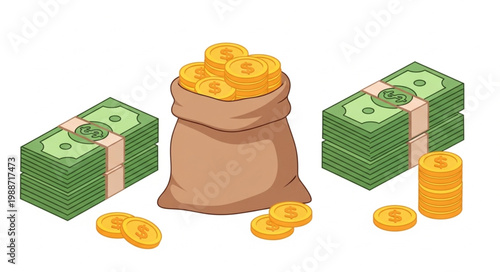 Isometric Illustration of Money Stacks Gold Coins and a Sack of Wealth.