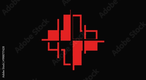 Abstract Composition of Red Geometric Shapes Against Black Background Design