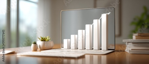 Laptop screen with financial growth chart on desk business concept