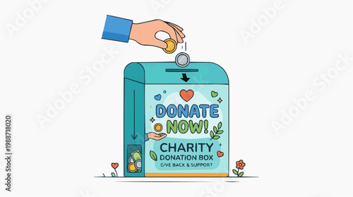 A colorful illustration of a hand putting coins into a charity donation box with a heart and flowers around it
