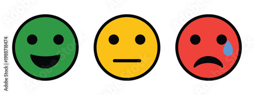 Emotion feedback scale, happy neutral sad faces set, emoticon icons illustrating satisfaction levels, clean flat illustration