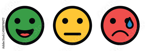 Emotion feedback scale, smile emoji or faces with emotions of joy, neutral and sadness of satisfaction, set of emoticon icons, illustration