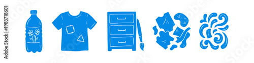 Blue hand-drawn icons illustrating upcycling and sustainable DIY projects: patched clothes, recycled bottle vase, furniture painting, and textile scraps.