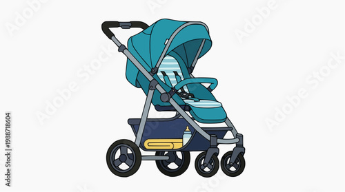 A vector graphic illustration of a baby stroller with a blue and gray design