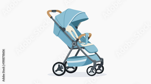 A vector graphic illustration of a baby stroller with a blue and white design