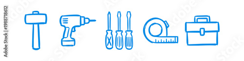 Hand-drawn blue icons of DIY construction tools including a hammer, power drill, screwdrivers, measuring tape, and a toolbox, isolated on white background.