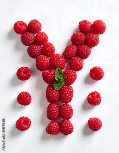 Raspberries arranged in Y shape on white.