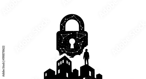 A silhouette of a man standing on a building with a large padlock.