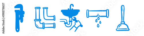 Set of blue hand-drawn plumbing icons featuring a pipe wrench, pipes, sink repair, leaking pipe with water drops, and a plunger on a white background. Home maintenance and repair symbols.