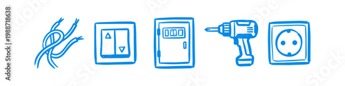 Set of hand-drawn blue electrical icons including wires, light switch, fuse box, cordless drill, and power socket on white background. Professional electrician tools and equipment illustration.